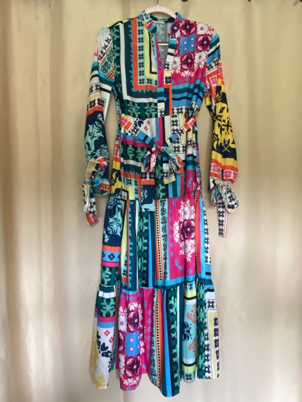 Bohemian Patchwork Print Long Sleeve Midi Dress - Multicolor